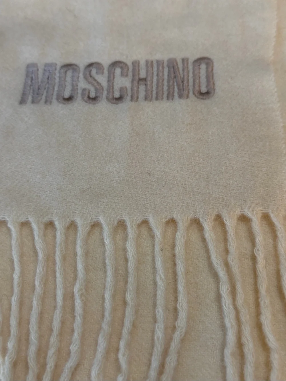Vintage Moschino Y2K Lambswool Ivory Fringe Scarf Cream Italy Luxury Rare